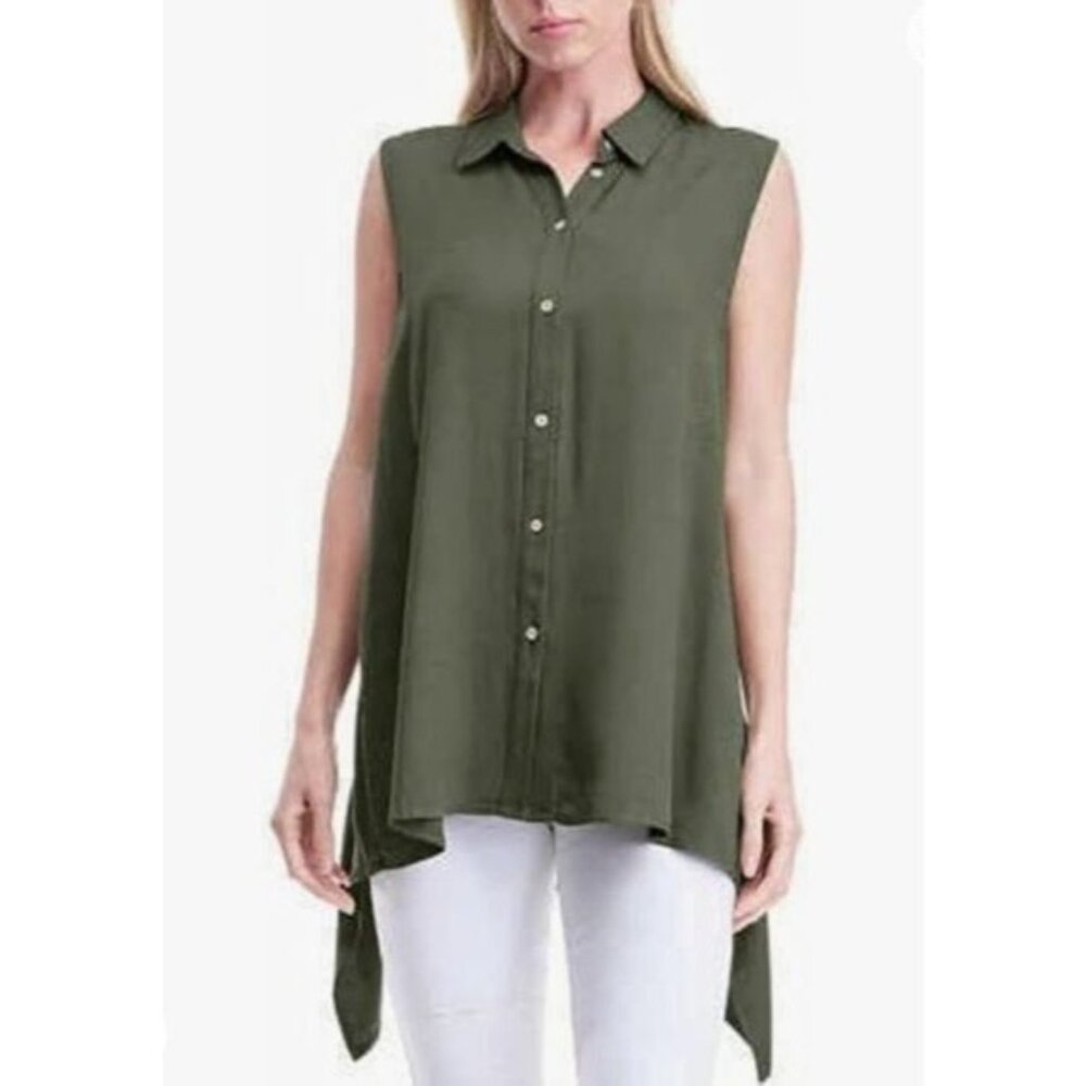 Fever Womens Sleeveless Button-Down Tunic Top Asymmetrical Hem Olive Green XL